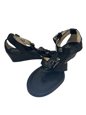 COACH Viktoria Black Leather Open Toe Thong T-Strap Wedge Sandals, Sz 7B